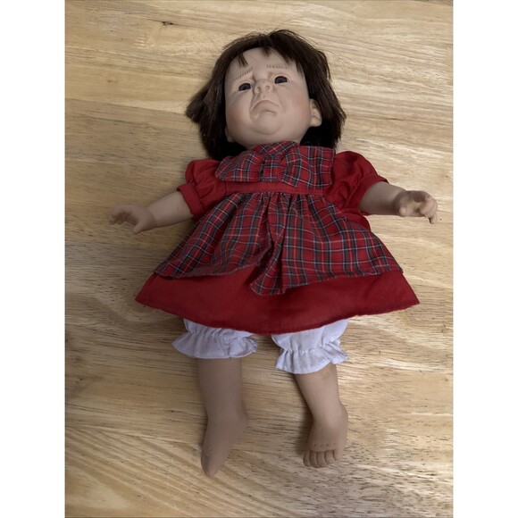 GIGO Other - Vtg Gi Go Expressions Baby Dolls Sad Face Bean Bag Red Dress Brunette Girl